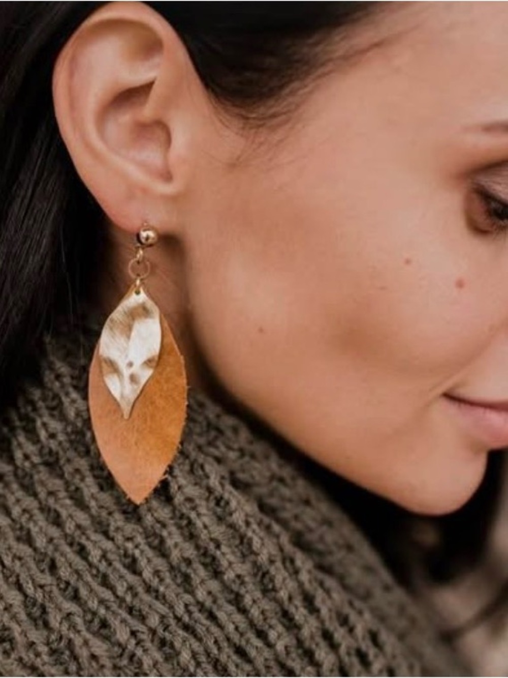 Gold and Tan Leaf Drop Earrings - Women Jewelry (Color: Ochre)